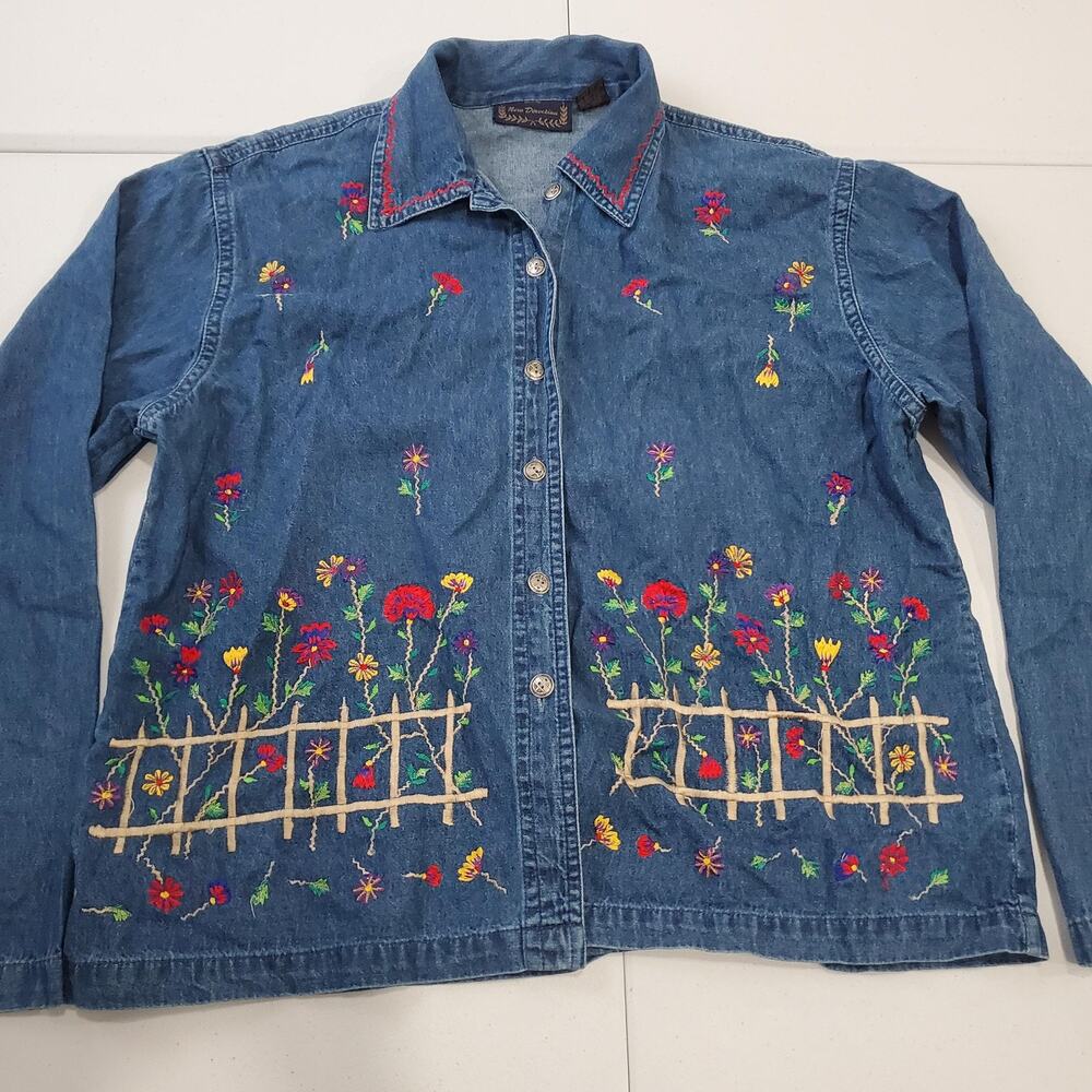 New Direction Denim Shirt Womens XL Blue Embroidered Floral Garden Western
